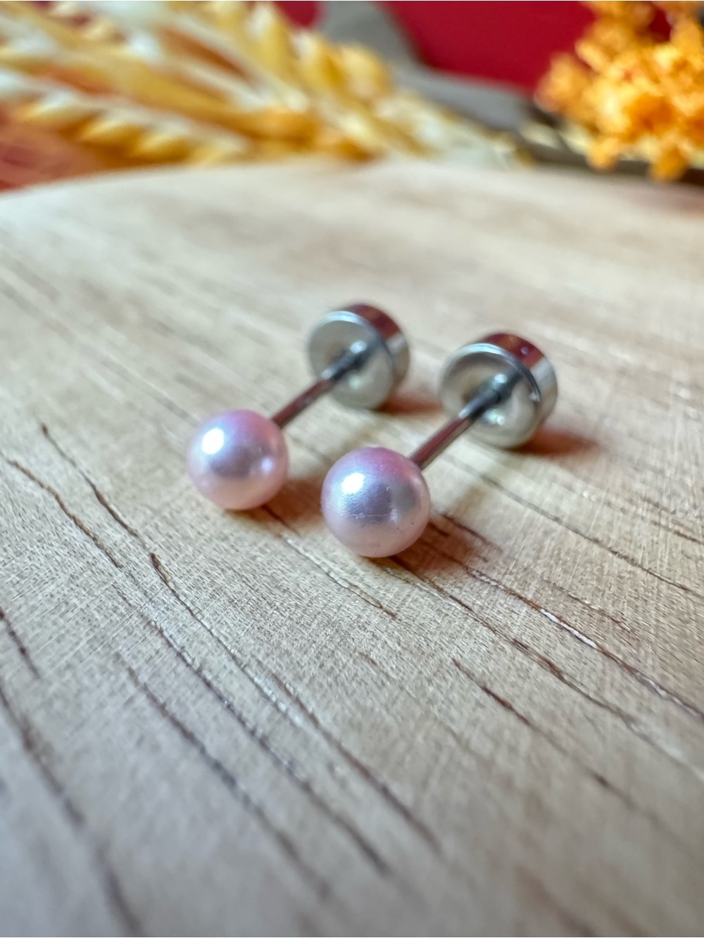 Silver Pink Pearl Stud Earrings